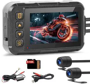 Motorcycle Dash Cam with Dual Front and Rear Cameras, Fits All Motorcycles | 3.0" Screen Motorcycle Camera with 64GB TF Card, IP67 Waterproof, G-Sensor, Loop Recording, 24/7 Parking Mode Motorcycle Dash Cam with Dual Front and Rear Cameras, Fits All Motorcycles | 3.0" Screen Motorcycle Camera with 64GB TF Card, IP67 Waterproof, G-Sensor, Loop Recording, 24/7 Parking Mode