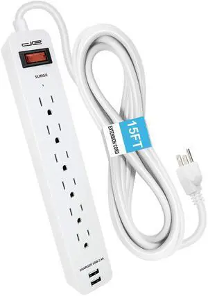 6-Outlet + 2 USB 1050 Joule Surge Protector Power Strip with 15-Ft Long Extension Cord, White, UL Listed 6-Outlet + 2 USB 1050 Joule Surge Protector Power Strip with 15-Ft Long Extension Cord, White, UL Listed
