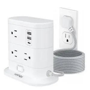Tower Power Strip Surge Protector 5 FT Extension Cord with Multiple Outlets - 7 Widely AC Outlets and 3 USB Ports, Flat Plug Charging Station, Flat Cord Outlet Extender, 1700J, ETL Listed Tower Power Strip Surge Protector 5 FT Extension Cord with Multiple Outlets - 7 Widely AC Outlets and 3 USB Ports, Flat Plug Charging Station, Flat Cord Outlet Extender, 1700J, ETL Listed