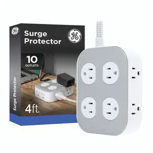Sur Protector Power Strip, 4 Ft Braided Extension Cord, 10 Outlet Extender (Wide Spaced), 2100 Joules, Flat Plug, ETL Safety Certified, Gray/White, 84860 Sur Protector Power Strip, 4 Ft Braided Extension Cord, 10 Outlet Extender (Wide Spaced), 2100 Joules, Flat Plug, ETL Safety Certified, Gray/White, 84860
