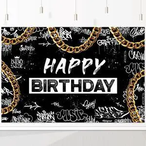 Black White Graffiti Backdrop Banner - Gold Chain Urban Design for Hip Hop Theme Party, Rap Music Photography, Street Style Decor 72x43 Inch Black White Graffiti Backdrop Banner - Gold Chain Urban Design for Hip Hop Theme Party, Rap Music Photography, Street Style Decor 72x43 Inch
