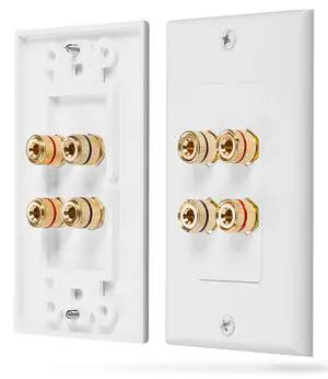 Two Speaker Home Theater Banana Binding Post Coupler Wall Plate | 2 Speaker White Gold Plated Copper Audio Distribution Outlet Faceplate for High Quality Surround Sound Wire Connection System Two Speaker Home Theater Banana Binding Post Coupler Wall Plate | 2 Speaker White Gold Plated Copper Audio Distribution Outlet Faceplate for High Quality Surround Sound Wire Connection System