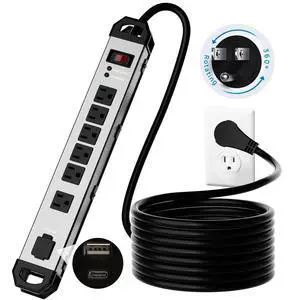 Heavy Duty Metal Power Strip Surge Protector 2100J, 6 Outlets & 2 USB, 15A Circuit Breaker, 6ft Power Cord, 360° Rotating Flat Plug, Wall Mountable for Garage Workshop Industrial, ETL Listed, Silver Heavy Duty Metal Power Strip Surge Protector 2100J, 6 Outlets & 2 USB, 15A Circuit Breaker, 6ft Power Cord, 360° Rotating Flat Plug, Wall Mountable for Garage Workshop Industrial, ETL Listed, Silver