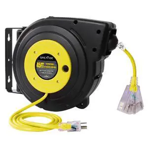 45 Ft Retractable Extension Cord Reel, 12 AWG/3C SJTOW Heavy Duty Power Cord with 3 Electrical Outlets, 15 AMP Circuit Breaker, Lighted Triple Tap, Ceiling or Wall Mount, UL Listed 45 Ft Retractable Extension Cord Reel, 12 AWG/3C SJTOW Heavy Duty Power Cord with 3 Electrical Outlets, 15 AMP Circuit Breaker, Lighted Triple Tap, Ceiling or Wall Mount, UL Listed