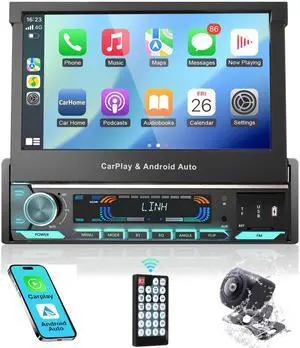Single Din Car Stereo with Wireless Apple CarPlay & Android Auto - 7 Inch Motorized Flip Out Touchscreen Bluetooth 5.1 Car Radio | Backup Camera/Mirror Link/USB/AUX/AM/FM/Subwoofer/DSP Single Din Car Stereo with Wireless Apple CarPlay & Android Auto - 7 Inch Motorized Flip Out Touchscreen Bluetooth 5.1 Car Radio | Backup Camera/Mirror Link/USB/AUX/AM/FM/Subwoofer/DSP