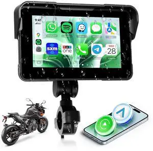 Motorcycle Wirelsss Carplay Android Auto Screen, 5 Inch Wireless CarPlay with Anti-Theft Design Mount, IP68 Waterproof Car Play Moto Touchscreen Dual Bluetooth Portable GPS Navigation Motorcycle Wirelsss Carplay Android Auto Screen, 5 Inch Wireless CarPlay with Anti-Theft Design Mount, IP68 Waterproof Car Play Moto Touchscreen Dual Bluetooth Portable GPS Navigation