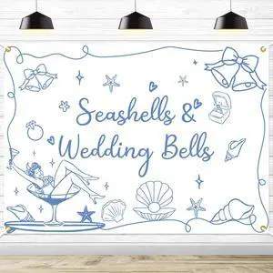Seashells & Wedding Bells Backdrop Banner - Coastal Bachelorette Party Decorations, Coastal Wedding Party Photo Backdrop, Beach Theme Bachelorette Party Decor,7 * 5ft Seashells & Wedding Bells Backdrop Banner - Coastal Bachelorette Party Decorations, Coastal Wedding Party Photo Backdrop, Beach Theme Bachelorette Party Decor,7 * 5ft