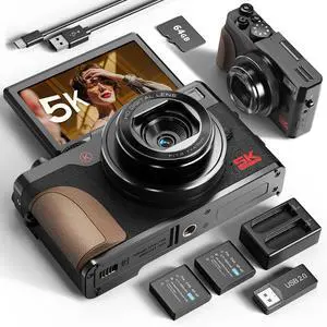 True 5K 64MP Digital Camera for Photography, Autofocus 18X Zoom, 3'' 180° Flip Screen, Comes with 64GB TF Card & 2 Batteries, Compact Travel Vlogging Camera for YouTube Beginners (Black) True 5K 64MP Digital Camera for Photography, Autofocus 18X Zoom, 3'' 180° Flip Screen, Comes with 64GB TF Card & 2 Batteries, Compact Travel Vlogging Camera for YouTube Beginners (Black)