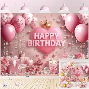 Pink Happy Birthday Backdrop Rose Gold Floral Heart Crown Balloon Elegant Photography Background Girls Princess Women Birthday Baby Shower Party Decor Banner Photo Supplies (7x5FT) Pink Happy Birthday Backdrop Rose Gold Floral Heart Crown Balloon Elegant Photography Background Girls Princess Women Birthday Baby Shower Party Decor Banner Photo Supplies (7x5FT)