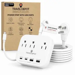 Cruise Essentials Flat Plug Power Strip, Durable 5 ft Extension Cord w/ 3 Outlets Extender & Built-In Type C Cable, 2 USB & 2 USB-C Ports, No Surge Protector for Cruise Travel, Dorm, Home Cruise Essentials Flat Plug Power Strip, Durable 5 ft Extension Cord w/ 3 Outlets Extender & Built-In Type C Cable, 2 USB & 2 USB-C Ports, No Surge Protector for Cruise Travel, Dorm, Home