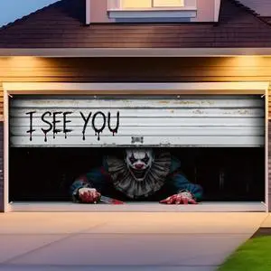Halloween Garage Door Cover Decoration, Clown I See You, 7 x 16 ft | Creepy Clown Design, Easy-install Door Decoration for Outdoor Haunted Party, Durable Plastic Background Fits Double Garage Halloween Garage Door Cover Decoration, Clown I See You, 7 x 16 ft | Creepy Clown Design, Easy-install Door Decoration for Outdoor Haunted Party, Durable Plastic Background Fits Double Garage