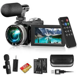 4K Video Camera Camcorder Mini Mic 48MP 60FPS UHD Vlogging Cameras for YouTube 18X Digital Zoom 3.0''IPS Screen Camera with 32GB Card, Wireless Lavalier Microphone, Remote, 2 Batteries 4K Video Camera Camcorder Mini Mic 48MP 60FPS UHD Vlogging Cameras for YouTube 18X Digital Zoom 3.0''IPS Screen Camera with 32GB Card, Wireless Lavalier Microphone, Remote, 2 Batteries