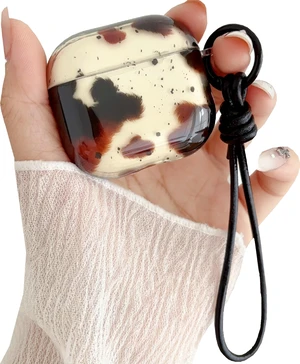 Feather Print Case for AirPods 4,Clear Brown Tortoise with Leather Wrist Lanyard Protective Cover for AirPod 4 Feather Print Case for AirPods 4,Clear Brown Tortoise with Leather Wrist Lanyard Protective Cover for AirPod 4