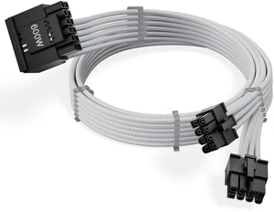 Dual 8-Pin PSU to 12V-2x6 GPU Adapter Cable - 90-Degree Connector, Individually Sleeved with Braiding & Combs, 16AWG Wire, 600mm Length, 7+8 Config., Type-A Connector - White Dual 8-Pin PSU to 12V-2x6 GPU Adapter Cable - 90-Degree Connector, Individually Sleeved with Braiding & Combs, 16AWG Wire, 600mm Length, 7+8 Config., Type-A Connector - White