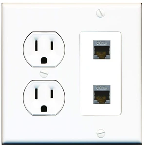 15 Amp Round Power Outlet 2 Port Cat6a Shielded Ethernet Wall Plate White 15 Amp Round Power Outlet 2 Port Cat6a Shielded Ethernet Wall Plate White