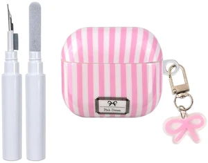 for AirPod 4th Generation Case with Bow Keychain Striped Trendy Cute Aesthetic Glossy Shockproof Protective Case for AirPod 4 with Cleaner Kit-Pink for AirPod 4th Generation Case with Bow Keychain Striped Trendy Cute Aesthetic Glossy Shockproof Protective Case for AirPod 4 with Cleaner Kit-Pink