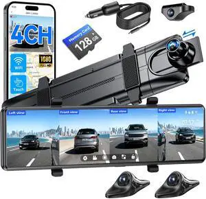 4 Channel Mirror Dash Cam Detached Camera for Cars,1080P Front Rear Left Right Dash Camera for Car,12'' Rear View Mirror Camerawith 128GB Card, Night Vision, G-Sensor 4 Channel Mirror Dash Cam Detached Camera for Cars,1080P Front Rear Left Right Dash Camera for Car,12'' Rear View Mirror Camerawith 128GB Card, Night Vision, G-Sensor