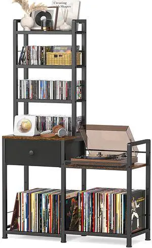 CD Rack with Drawer, 7-Tier DVD Organizer Shelf with Vinyl Storage | Media Storage Rack for CDs/DVDs, Vinyl Records, Books & Games, Ideal for Living Room & Home Office, 32.1x11.8x57.2 in, Brown CD Rack with Drawer, 7-Tier DVD Organizer Shelf with Vinyl Storage | Media Storage Rack for CDs/DVDs, Vinyl Records, Books & Games, Ideal for Living Room & Home Office, 32.1x11.8x57.2 in, Brown