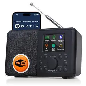 SR10 WiFi Radio, Bluetooth, FM & Internet, Black | 60 presets, dual alarms, colour display, OKTIV App control, podcast player, mains or AA battery, headphone jack, compact SR10 WiFi Radio, Bluetooth, FM & Internet, Black | 60 presets, dual alarms, colour display, OKTIV App control, podcast player, mains or AA battery, headphone jack, compact