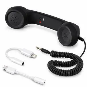 Phone Handset for Cell Phone, Calls, 3.5mm, USB-C & Lightning | Retro wired handset for calls and video chats, with 3.5mm plug, USB-C and Lightning adapters, mic, speaker and call button Phone Handset for Cell Phone, Calls, 3.5mm, USB-C & Lightning | Retro wired handset for calls and video chats, with 3.5mm plug, USB-C and Lightning adapters, mic, speaker and call button