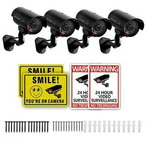4 Packs Fake Security Camera with No Trespassing Signs Smile You're On Camera Warning Signs and Screws, Dummy Cameras with Realistic LED Red Flashing Light for Outdoor Yard& Indoor Use Set Of 8 4 Packs Fake Security Camera with No Trespassing Signs Smile You're On Camera Warning Signs and Screws, Dummy Cameras with Realistic LED Red Flashing Light for Outdoor Yard& Indoor Use Set Of 8