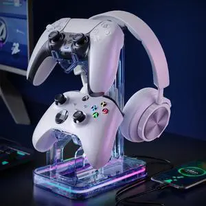 Gaming Headphones Stand, RGB Headset Stand with 2 USB Charging Ports, Dual Controller Holder with Light Modes, Earphone Hanger Accessories for Desktop Gamer Gaming Headphones Stand, RGB Headset Stand with 2 USB Charging Ports, Dual Controller Holder with Light Modes, Earphone Hanger Accessories for Desktop Gamer