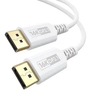 White DisplayPort Cable 2.1 6.6FT, 16K Display Port 2.1 Cable Braided DP Cord (54Gbps, 16K@60Hz, 8K@120Hz, 4K@240Hz, Dynamic HDR) for FreeSync G-Sync, Gaming Monitor, PC, Laptop, Graphics Card White DisplayPort Cable 2.1 6.6FT, 16K Display Port 2.1 Cable Braided DP Cord (54Gbps, 16K@60Hz, 8K@120Hz, 4K@240Hz, Dynamic HDR) for FreeSync G-Sync, Gaming Monitor, PC, Laptop, Graphics Card