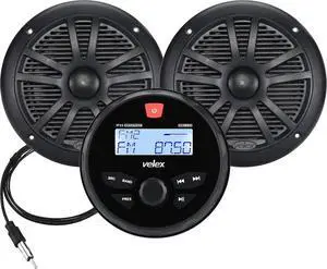 Marine Stereo Speaker Package Bluetooth, MP3 USB AM FM Marine Stereo - 2 x 6.5 Inch Black Speakers, Antenna Marine Stereo Speaker Package Bluetooth, MP3 USB AM FM Marine Stereo - 2 x 6.5 Inch Black Speakers, Antenna