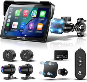 7" Motorcycle CarPlay GPS (Includes 128G SD) with Dual Dash Cam, HD Touch Screen, Wireless Android Auto, Waterproof, TPMS, Navigation, Bluetooth, Music Sharing, Quick-Release, Remote Control 7" Motorcycle CarPlay GPS (Includes 128G SD) with Dual Dash Cam, HD Touch Screen, Wireless Android Auto, Waterproof, TPMS, Navigation, Bluetooth, Music Sharing, Quick-Release, Remote Control