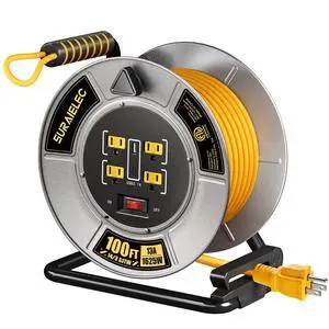 Retractable Extension Cord Reel 100 Ft, Metal Steel Cable Drum | 4 Grounded Outlets, USB-A & USB-C Port, 13A Circuit Breaker, Hand Crank 14 AWG Extension Cord Reel for Garage, Jobsite Retractable Extension Cord Reel 100 Ft, Metal Steel Cable Drum | 4 Grounded Outlets, USB-A & USB-C Port, 13A Circuit Breaker, Hand Crank 14 AWG Extension Cord Reel for Garage, Jobsite