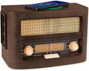 Vint Vintage Wood Retro Radio | Wireless Charging Pad | AM/FM Radio Speaker with Bluetooth & AUX Input | Mid-Century Modern Design | Handcrafted Ashtree Wood Exterior Vint Vintage Wood Retro Radio | Wireless Charging Pad | AM/FM Radio Speaker with Bluetooth & AUX Input | Mid-Century Modern Design | Handcrafted Ashtree Wood Exterior
