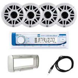MXP154SG Marine Stereo with 4 6.5" Speakers & Splashguard | Complete boat audio kit, four 6.5" marine speakers, splashguard & antenna included, Bluetooth, USB with 2.1A fast charging MXP154SG Marine Stereo with 4 6.5" Speakers & Splashguard | Complete boat audio kit, four 6.5" marine speakers, splashguard & antenna included, Bluetooth, USB with 2.1A fast charging
