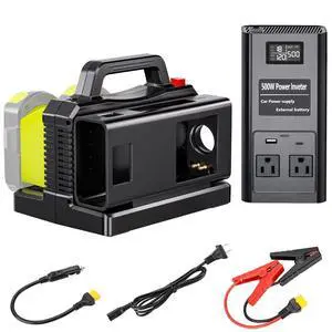 Pure Sine Wave Inverter Compatible with Ryobi 18V Battery, 2 in 1 500W 2 Port Power Inverter Battery Charger Generator DC 20V to AC* 2 Outlets, 120V Car Charger Plug, USB&Type-C (Tool Only) Pure Sine Wave Inverter Compatible with Ryobi 18V Battery, 2 in 1 500W 2 Port Power Inverter Battery Charger Generator DC 20V to AC* 2 Outlets, 120V Car Charger Plug, USB&Type-C (Tool Only)