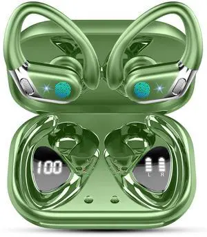 Wireless Earbuds, Bluetooth 5.4 Headphones Sport, 75H Deep Bass Sound Over Ear Buds with 4 ENC Noise Cancelling Mic, Dual LED Display, IP7 Waterproof Earphones with Earhook for Workout, Green Wireless Earbuds, Bluetooth 5.4 Headphones Sport, 75H Deep Bass Sound Over Ear Buds with 4 ENC Noise Cancelling Mic, Dual LED Display, IP7 Waterproof Earphones with Earhook for Workout, Green