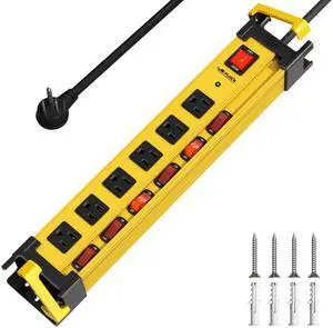 6 Outlet Heavy Duty 2700J Power Strip Surge Protector with Individual Switches Metal Mountable Power Strip with Flat Plug and Cord Manager, 6FT Long Extension Cord for Workshop, Workbench and Garage 6 Outlet Heavy Duty 2700J Power Strip Surge Protector with Individual Switches Metal Mountable Power Strip with Flat Plug and Cord Manager, 6FT Long Extension Cord for Workshop, Workbench and Garage
