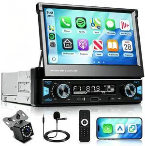 7 Inch Single DIN Flip Out Car Stereo with Wireless CarPlay & Android Auto-IPS Touchscreen with Dual Knob, Bluetooth 5.0, Backup Camera, SWC, FM/AM Radio, Type-C Fast Charging | Universal Fit 7 Inch Single DIN Flip Out Car Stereo with Wireless CarPlay & Android Auto-IPS Touchscreen with Dual Knob, Bluetooth 5.0, Backup Camera, SWC, FM/AM Radio, Type-C Fast Charging | Universal Fit