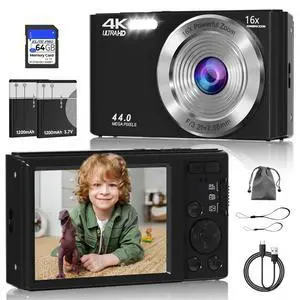 Digital Camera FHD 4K Kids Camera 44MP with 64GB SD Card (Black) | Autofocus Digital Camera FHD 4K Kids Camera 44MP with 64GB SD Card (Black) | Autofocus