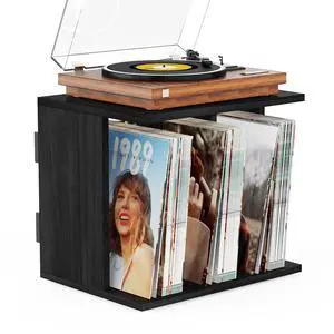 Vinyl Record Storage, Record Player Stand Wall Mount Up to 80-100 Albums, 3-Compartment Vinyl Record Holder, Black Vinyl Record Storage, Record Player Stand Wall Mount Up to 80-100 Albums, 3-Compartment Vinyl Record Holder, Black