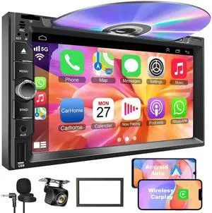Double Din Car Stereo with CD/DVD Player, 7-Inch Touch Screen, Bluetooth 5.2, CarPlay/Android Auto, Backup Camera, USB/TF Card Slots, FM Radio, AUX Input Double Din Car Stereo with CD/DVD Player, 7-Inch Touch Screen, Bluetooth 5.2, CarPlay/Android Auto, Backup Camera, USB/TF Card Slots, FM Radio, AUX Input