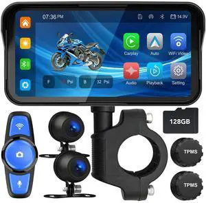 6.25" Motorcycle Carplay with GPS Navigation System, IPS Waterproof Touchscreen, Inculed SD-128GB, TPMS, HD Touch Screen Auto and Dual 1080P Camera/Dash Cam, Support iOS/Android, BT, Siri 6.25" Motorcycle Carplay with GPS Navigation System, IPS Waterproof Touchscreen, Inculed SD-128GB, TPMS, HD Touch Screen Auto and Dual 1080P Camera/Dash Cam, Support iOS/Android, BT, Siri
