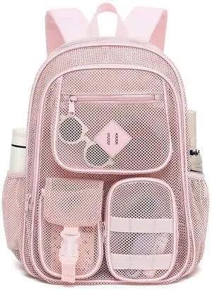 Light Pink Mesh Backpack for Girls Boys, Heavy Duty School Bookbag Womens Semi-Transparent Net Back Pack for Work Travel Beach Light Pink Mesh Backpack for Girls Boys, Heavy Duty School Bookbag Womens Semi-Transparent Net Back Pack for Work Travel Beach