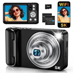 5K Digital Camera for Photography WiFi 64MP Autofocus Dual Lens, Black | 6X Optical Zoom Vlogging Camera with 2.8" Touch Screen, Compact Digital Cameras for YouTube, 32GB Card,2Batteries 5K Digital Camera for Photography WiFi 64MP Autofocus Dual Lens, Black | 6X Optical Zoom Vlogging Camera with 2.8" Touch Screen, Compact Digital Cameras for YouTube, 32GB Card,2Batteries