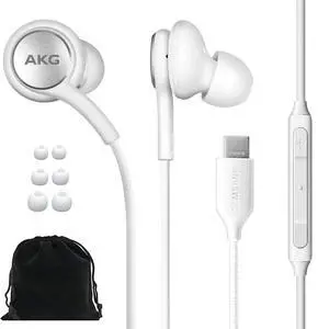 AKG Earbuds Original USB Type C in-Ear Earbud Headphones with Remote & Mic for Galaxy S23 Ultra, A53 5G, S22, S21 FE, S20, Note 10, 10+, S10 Plus - Braided - Includes Velvet Pouch - White AKG Earbuds Original USB Type C in-Ear Earbud Headphones with Remote & Mic for Galaxy S23 Ultra, A53 5G, S22, S21 FE, S20, Note 10, 10+, S10 Plus - Braided - Includes Velvet Pouch - White