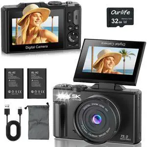 Digital Cameras for Photography,5K 75MP Autofocus Vlogging Camera | YouTube with 18X Zoom,3" 180°Flip Screen Selfie Digital Camera Compact Travel Camera for Beginner Teens,2*Battery(32GB Card) Digital Cameras for Photography,5K 75MP Autofocus Vlogging Camera | YouTube with 18X Zoom,3" 180°Flip Screen Selfie Digital Camera Compact Travel Camera for Beginner Teens,2*Battery(32GB Card)