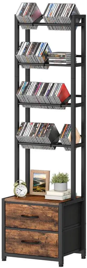 CD Storage Rack with Drawer, 5-Tier DVD Organizer Shelf | Media Storage Rack with Adjustable Book Stoppers for CDs, DVDs, Books and Games, for Living Room, Bedroom, Home Office CD Storage Rack with Drawer, 5-Tier DVD Organizer Shelf | Media Storage Rack with Adjustable Book Stoppers for CDs, DVDs, Books and Games, for Living Room, Bedroom, Home Office