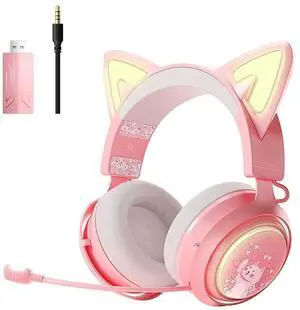 Cat Ear Headphones, 2.4G/Bluetooth Wireless Gaming Headset for PS5, PS4, PC with RGB Lights and Retractable Mic, 10Hrs Playtime, 7.1 Surround Sound for Laptop, Smartphone-GS510 Pro - Pink Cat Ear Headphones, 2.4G/Bluetooth Wireless Gaming Headset for PS5, PS4, PC with RGB Lights and Retractable Mic, 10Hrs Playtime, 7.1 Surround Sound for Laptop, Smartphone-GS510 Pro - Pink