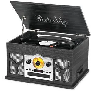 ® 10-in-1 Record Player with Speakers and Bluetooth, Black | 3-Speed Belt-Drive Turntable, CD/Cassette/USB/AM-FM radio, Built-in Stereo Speakers, RCA Output,Real Wood,for 7/10/12 Vinyl ® 10-in-1 Record Player with Speakers and Bluetooth, Black | 3-Speed Belt-Drive Turntable, CD/Cassette/USB/AM-FM radio, Built-in Stereo Speakers, RCA Output,Real Wood,for 7/10/12 Vinyl