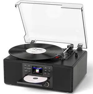 Bluetooth Vinyl Record Player with CD & Internet Radio, 3-Speed Belt-Drive Turntable with USB Recording, AUX/RCA Output, Tone & Remote Control, Vintage Black Vinyl Player for Home Entertainment & Gift Bluetooth Vinyl Record Player with CD & Internet Radio, 3-Speed Belt-Drive Turntable with USB Recording, AUX/RCA Output, Tone & Remote Control, Vintage Black Vinyl Player for Home Entertainment & Gift