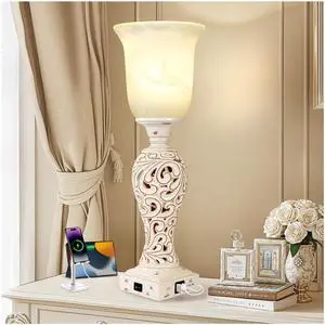 20" Bedside Lamp for Bedroom, 3-Way Dimmable Bulb Include, Washed White | Torchiere Uplight, 2 USB Ports, Vintage Desk Lamp with Glass Shade, Retro Rustic Nightstand Light for Living Room Entryway 20" Bedside Lamp for Bedroom, 3-Way Dimmable Bulb Include, Washed White | Torchiere Uplight, 2 USB Ports, Vintage Desk Lamp with Glass Shade, Retro Rustic Nightstand Light for Living Room Entryway
