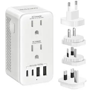 Voltage Converter US to Europe, Travel Adapter Voltage Converter to Step Down 220V to 120V, Power Converter with 2 USB-A 2 USB-C Port & UK/AU/US/IT/European Travel Plug Adapters Voltage Converter US to Europe, Travel Adapter Voltage Converter to Step Down 220V to 120V, Power Converter with 2 USB-A 2 USB-C Port & UK/AU/US/IT/European Travel Plug Adapters